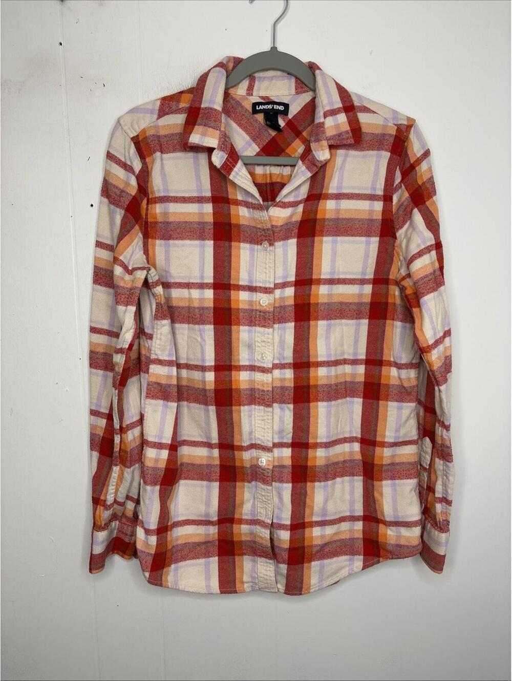 Lands End Shirt Womens 8 Tall Button Up Flannel Plaid Light Colors Western